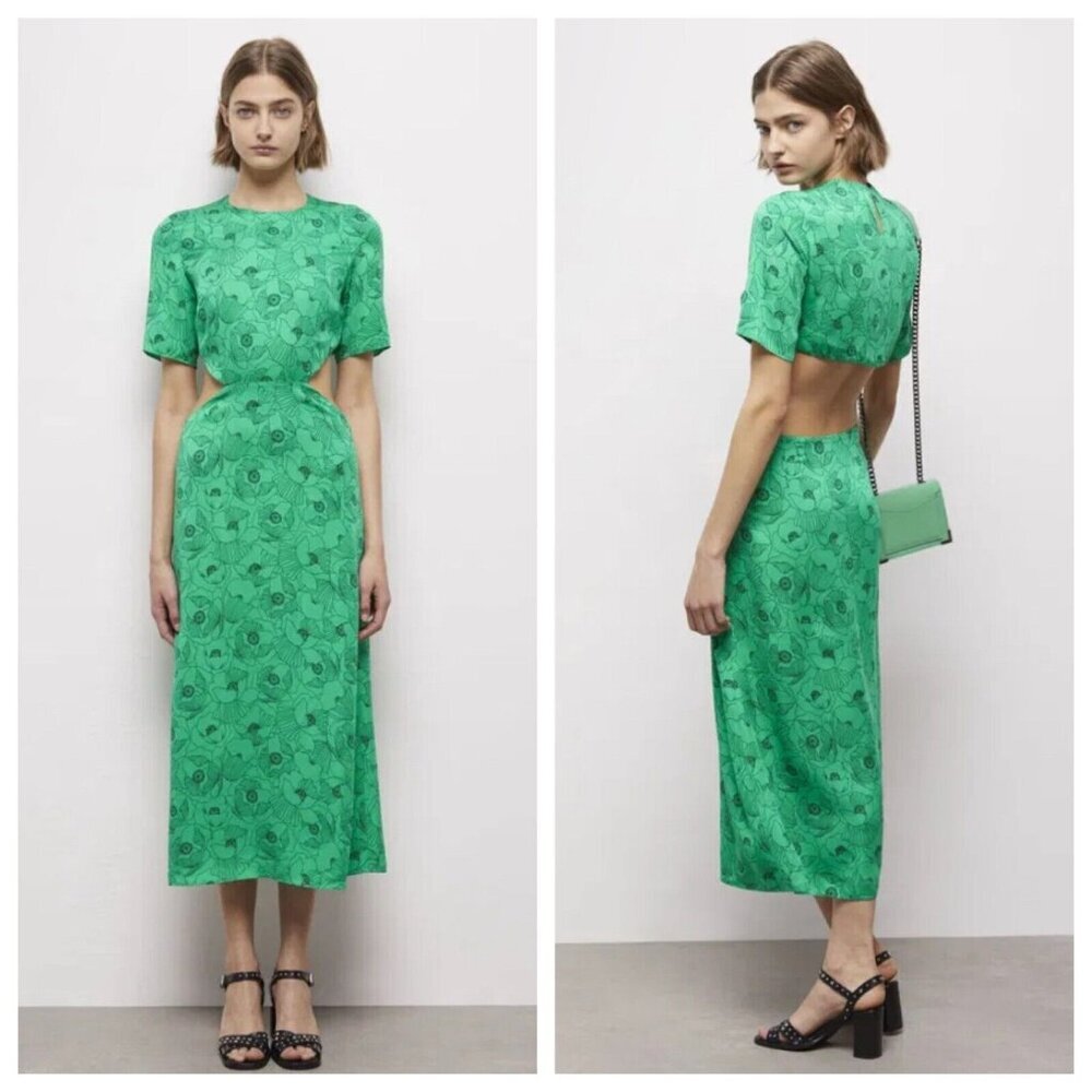 The Kooples Green Floral Midi Dress with Cutout Back